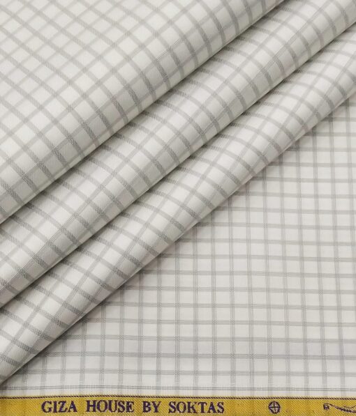 Soktas Men's 2 Ply 120's Egyptian Giza Cotton Grey Checks Unstitched Shirt Fabric (White