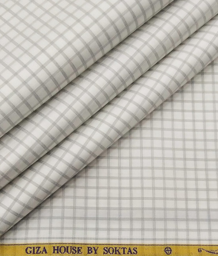 Soktas Men's 2 Ply 120's Egyptian Giza Cotton Grey Checks Unstitched Shirt Fabric (White
