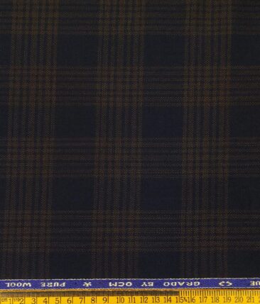 OCM Men's Brown Checks 100% Pure Merino Wool Fine Tweed Unstitched Jacketing & Blazer Fabric (Dark Blue