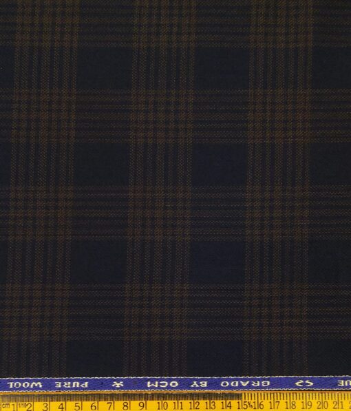 OCM Men's Brown Checks 100% Pure Merino Wool Fine Tweed Unstitched Jacketing & Blazer Fabric (Dark Blue