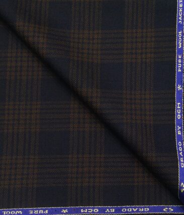 OCM Men's Brown Checks 100% Pure Merino Wool Fine Tweed Unstitched Jacketing & Blazer Fabric (Dark Blue