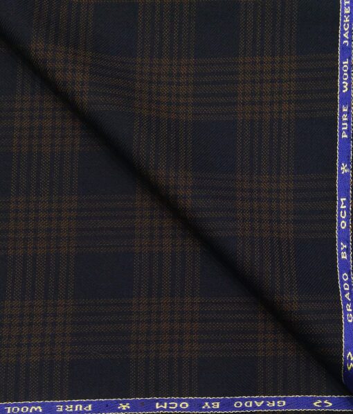 OCM Men's Brown Checks 100% Pure Merino Wool Fine Tweed Unstitched Jacketing & Blazer Fabric (Dark Blue