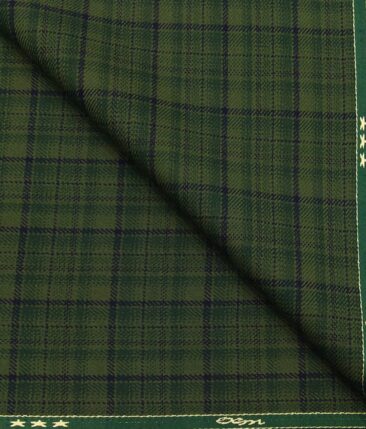 OCM Men's Dark Green & Blue Checks 100% Pure Merino Wool Fine Tweed Unstitched Jacketing & Blazer Fabric (Green