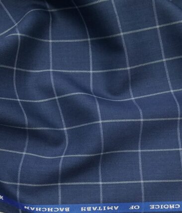 OCM Men's White Checks 45% Merino Super 100's Wool Unstitched Suiting Fabric (Royal Blue)