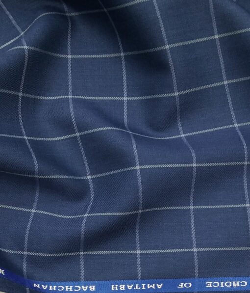 OCM Men's White Checks 45% Merino Super 100's Wool Unstitched Suiting Fabric (Royal Blue)
