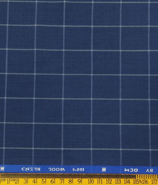 OCM Men's White Checks 45% Merino Super 100's Wool Unstitched Suiting Fabric (Royal Blue)