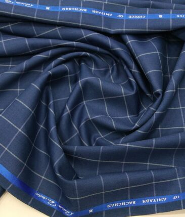 OCM Men's White Checks 45% Merino Super 100's Wool Unstitched Suiting Fabric (Royal Blue)