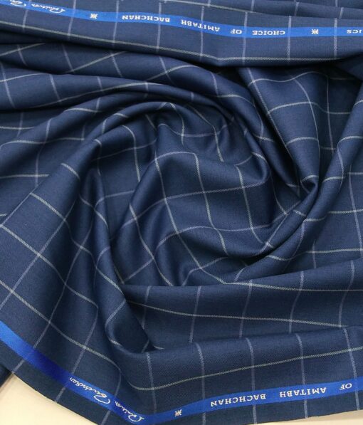 OCM Men's White Checks 45% Merino Super 100's Wool Unstitched Suiting Fabric (Royal Blue)