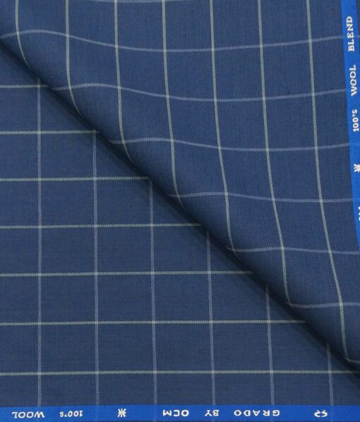 OCM Men's White Checks 45% Merino Super 100's Wool Unstitched Suiting Fabric (Royal Blue)