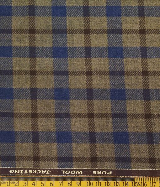 OCM Men's Blue & Dark Brown Checks 100% Pure Merino Wool Fine Tweed Unstitched Jacketing & Blazer Fabric (Light Brown