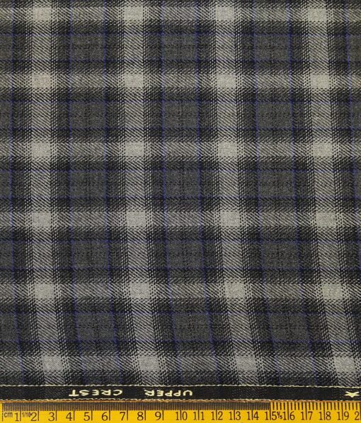 OCM Men's Light Grey & Blue Checks 100% Pure Merino Wool Fine Tweed Unstitched Jacketing & Blazer Fabric (Dark Grey