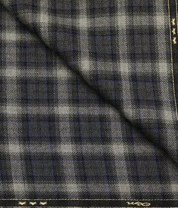 OCM Men's Light Grey & Blue Checks 100% Pure Merino Wool Fine Tweed Unstitched Jacketing & Blazer Fabric (Dark Grey