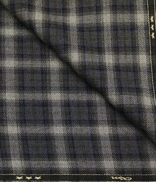 OCM Men's Light Grey & Blue Checks 100% Pure Merino Wool Fine Tweed Unstitched Jacketing & Blazer Fabric (Dark Grey