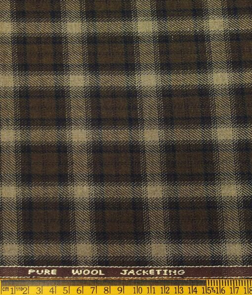OCM Men's Light Brown & Blue Checks 100% Pure Merino Wool Fine Tweed Unstitched Jacketing & Blazer Fabric (Dark Brown