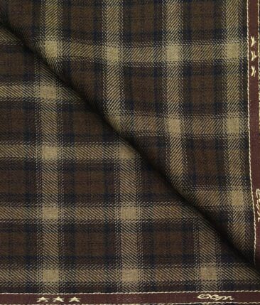 OCM Men's Light Brown & Blue Checks 100% Pure Merino Wool Fine Tweed Unstitched Jacketing & Blazer Fabric (Dark Brown