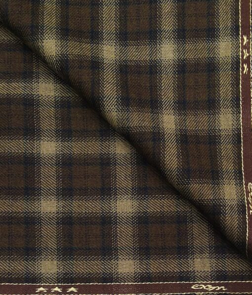 OCM Men's Light Brown & Blue Checks 100% Pure Merino Wool Fine Tweed Unstitched Jacketing & Blazer Fabric (Dark Brown