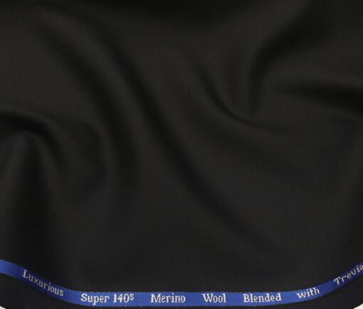 Cadini Men's Wool Super 140s Unstitched 3.25 Meter Solid Suit Fabric (Black)