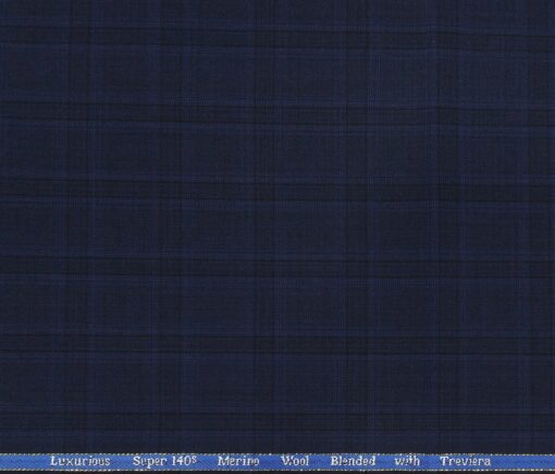 Cadini Men's Wool Super 140s Unstitched 3.25 Meter Self Broad Checks Suit Fabric (Dark Royal Blue)