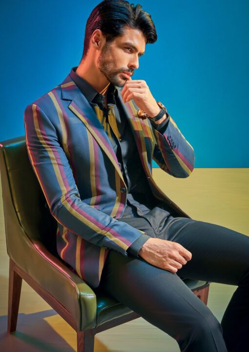 Don & Julio Men's Terry Rayon Unstitched 2 Meter Striped Suiting Fabric (Dark Blue)