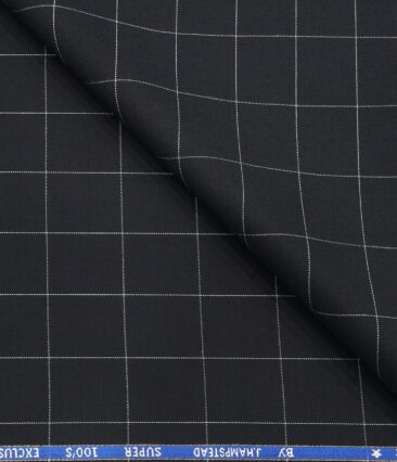 J.Hampstead Men's Poly Wool Super 100s Unstitched White Checks Suiting Fabric (Dark Navy Blue)