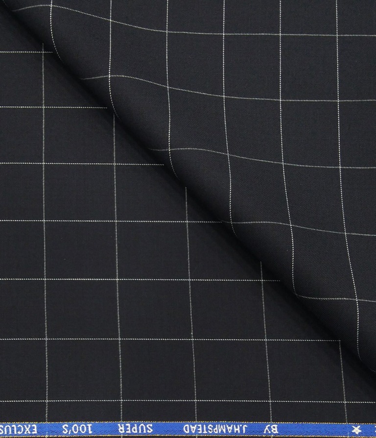 J.Hampstead Men's Poly Wool Super 100s Unstitched White Checks Suiting Fabric (Dark Navy Blue)