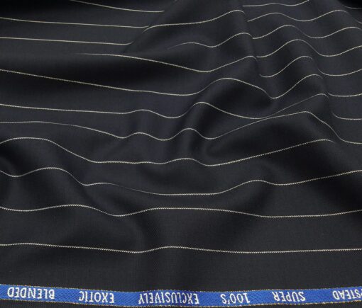 J.Hampstead Men's Poly Wool Super 100s Unstitched White Striped Suiting Fabric (Dark Navy Blue)