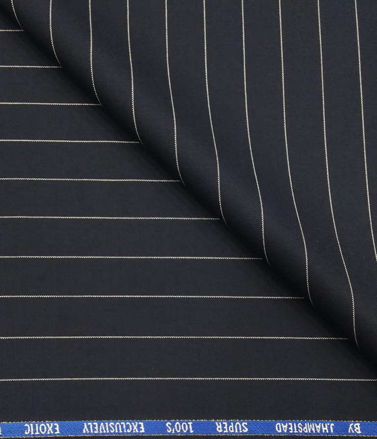 J.Hampstead Men's Poly Wool Super 100s Unstitched White Striped Suiting Fabric (Dark Navy Blue)