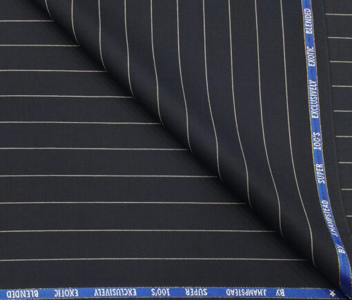 J.Hampstead Men's Poly Wool Super 100s Unstitched White Striped Suiting Fabric (Dark Navy Blue)