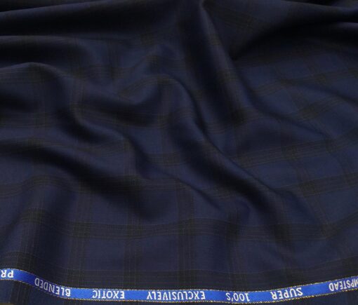 J.Hampstead Men's Poly Wool Super 100s Unstitched Self Broad Checks Suiting Fabric (Dark Royal Blue)