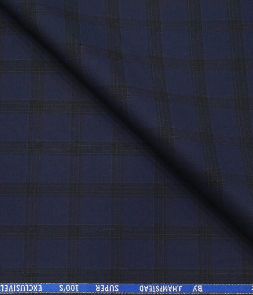 J.Hampstead Men's Poly Wool Super 100s Unstitched Self Broad Checks Suiting Fabric (Dark Royal Blue)