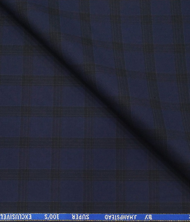J.Hampstead Men's Poly Wool Super 100s Unstitched Self Broad Checks Suiting Fabric (Dark Royal Blue)