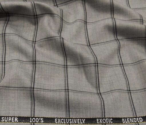 J.Hampstead Men's Poly Wool Super 100s Unstitched Black Checks Suiting Fabric (Light Grey)