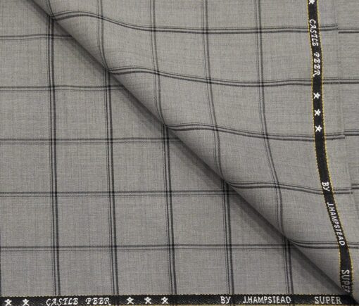 J.Hampstead Men's Poly Wool Super 100s Unstitched Black Checks Suiting Fabric (Light Grey)