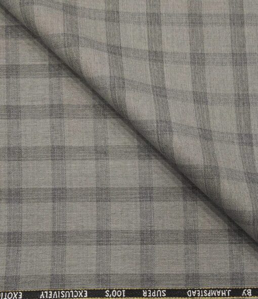 J.Hampstead Men's Poly Wool Super 100s Unstitched Grey Checks Suiting Fabric (Light Grey)