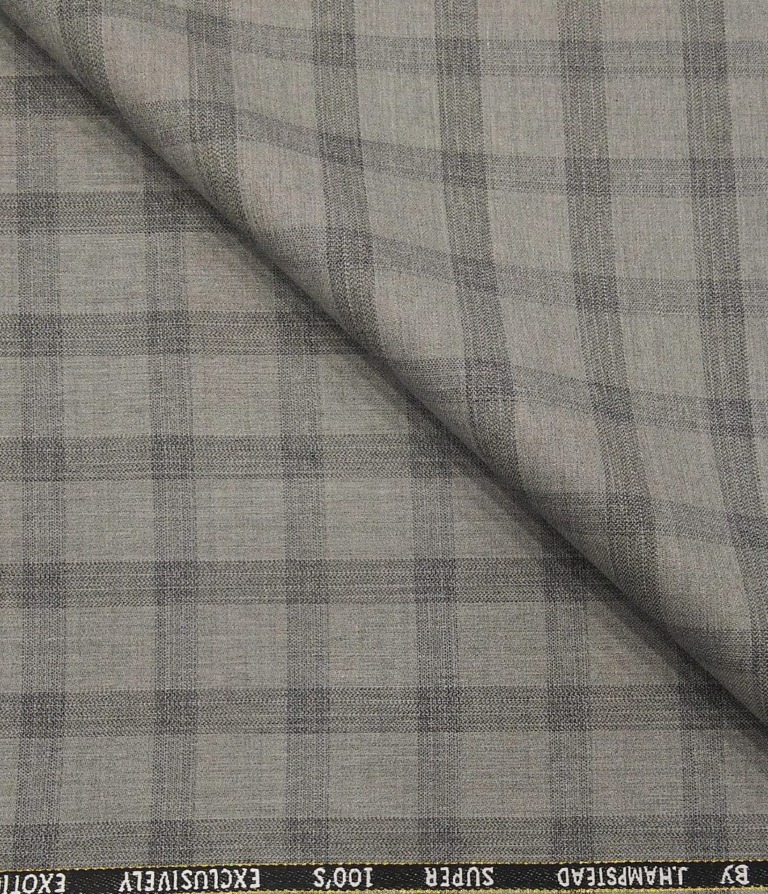 J.Hampstead Men's Poly Wool Super 100s Unstitched Grey Checks Suiting Fabric (Light Grey)