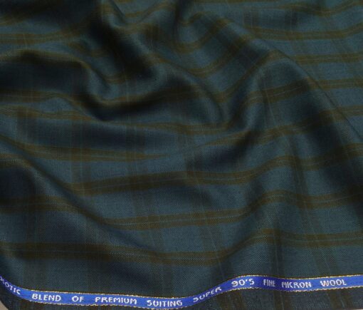 J.Hampstead Men's Poly Wool Super 100s Unstitched Brown Checks Suiting Fabric (Sea Green)