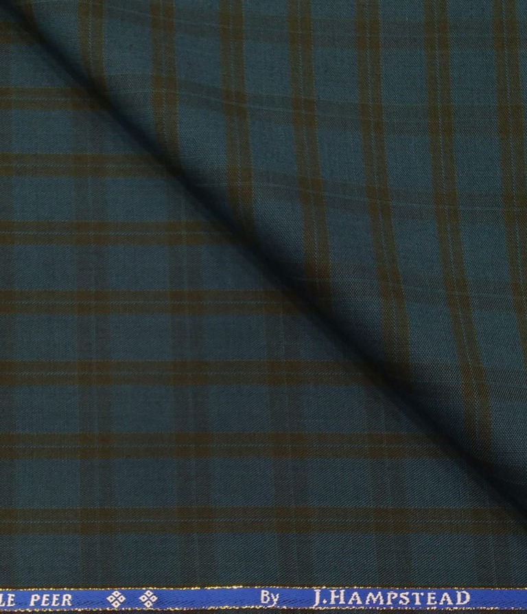 J.Hampstead Men's Poly Wool Super 100s Unstitched Brown Checks Suiting Fabric (Sea Green)