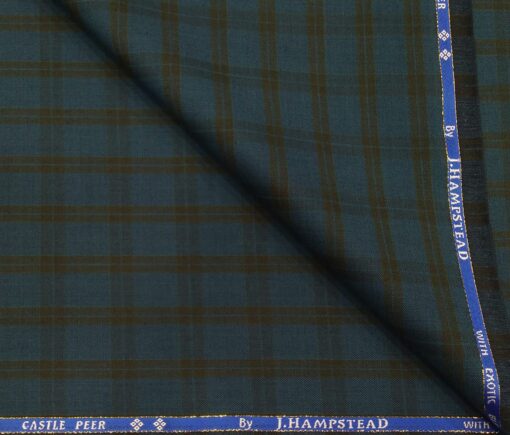 J.Hampstead Men's Poly Wool Super 100s Unstitched Brown Checks Suiting Fabric (Sea Green)