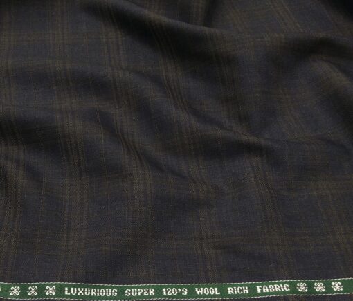 Raymond Men's Wool Super 120s Unstitched 3.25 Meter Brown Checks Suiting Fabric (Dark Blue)