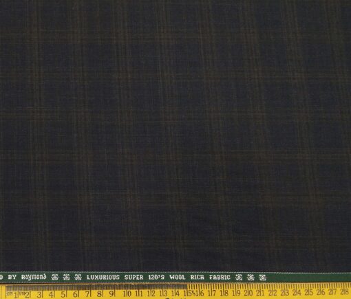 Raymond Men's Wool Super 120s Unstitched 3.25 Meter Brown Checks Suiting Fabric (Dark Blue)