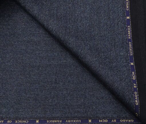 OCM Men's Wool Herringbone Weave 2 Meter Unstitched Thick Tweed Reversible Jacketing & Blazer Fabric (Blue)