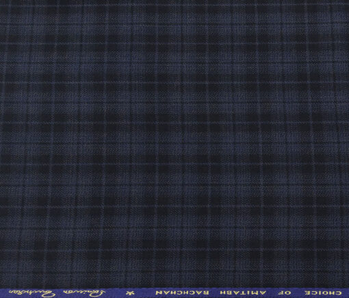 OCM Men's Wool Black Checks 2 Meter Unstitched Tweed Jacketing & Blazer Fabric (Blue)