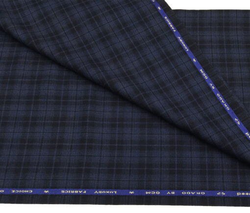 OCM Men's Wool Black Checks 2 Meter Unstitched Tweed Jacketing & Blazer Fabric (Blue)