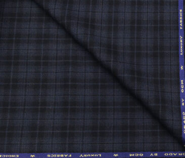 OCM Men's Wool Black Checks 2 Meter Unstitched Tweed Jacketing & Blazer Fabric (Blue)
