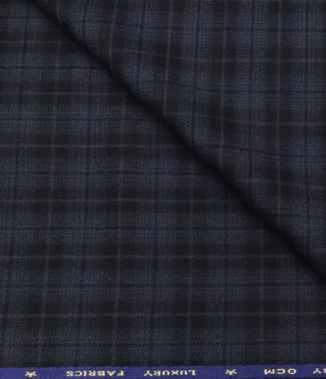 OCM Men's Wool Black Checks 2 Meter Unstitched Tweed Jacketing & Blazer Fabric (Blue)