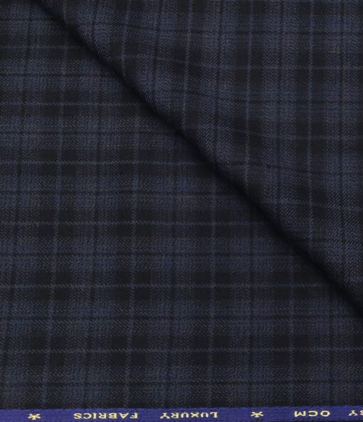 OCM Men's Wool Black Checks 2 Meter Unstitched Tweed Jacketing & Blazer Fabric (Blue)