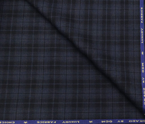 OCM Men's Wool Black Checks 2 Meter Unstitched Tweed Jacketing & Blazer Fabric (Blue)