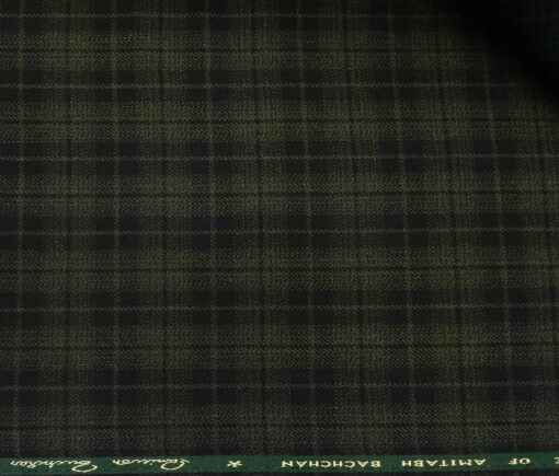 OCM Men's Wool Black Checks 2 Meter Unstitched Tweed Jacketing & Blazer Fabric (Green)