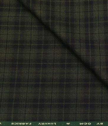 OCM Men's Wool Black Checks 2 Meter Unstitched Tweed Jacketing & Blazer Fabric (Green)