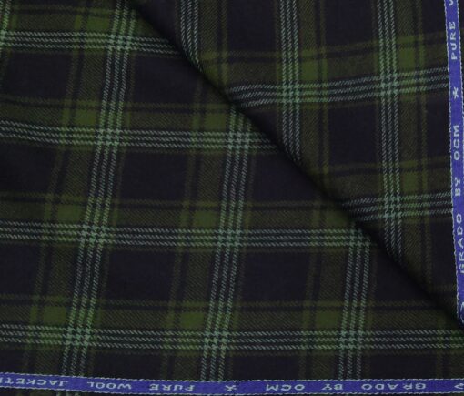 OCM Men's Wool White & Green Checks 2 Meter Unstitched Tweed  Jacketing & Blazer Fabric (Dark Blue)
